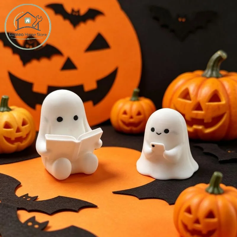 2 Pack Halloween Ghost Sculpture Set Cute Reading Phone Holder Figurine for Party Table Home Decoration Gift