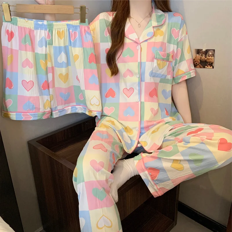 Korean-Style Summer New Arrival Striped Pink Cute Bow Design Wrinkle Fabric Pajamas Women's Cardigan Short Sleeve Three-Piece Se
