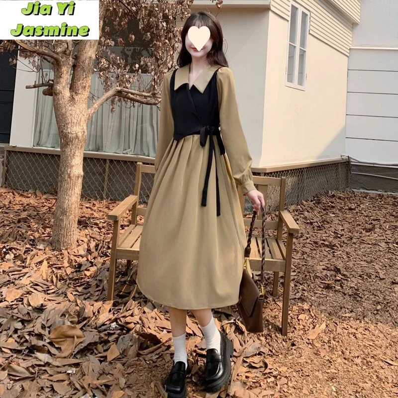 

Spring and Autumn French Hepburn Style Design Fake Two Piece Dress with Waist Wrapped Tea Style Art Gentle Long Dress