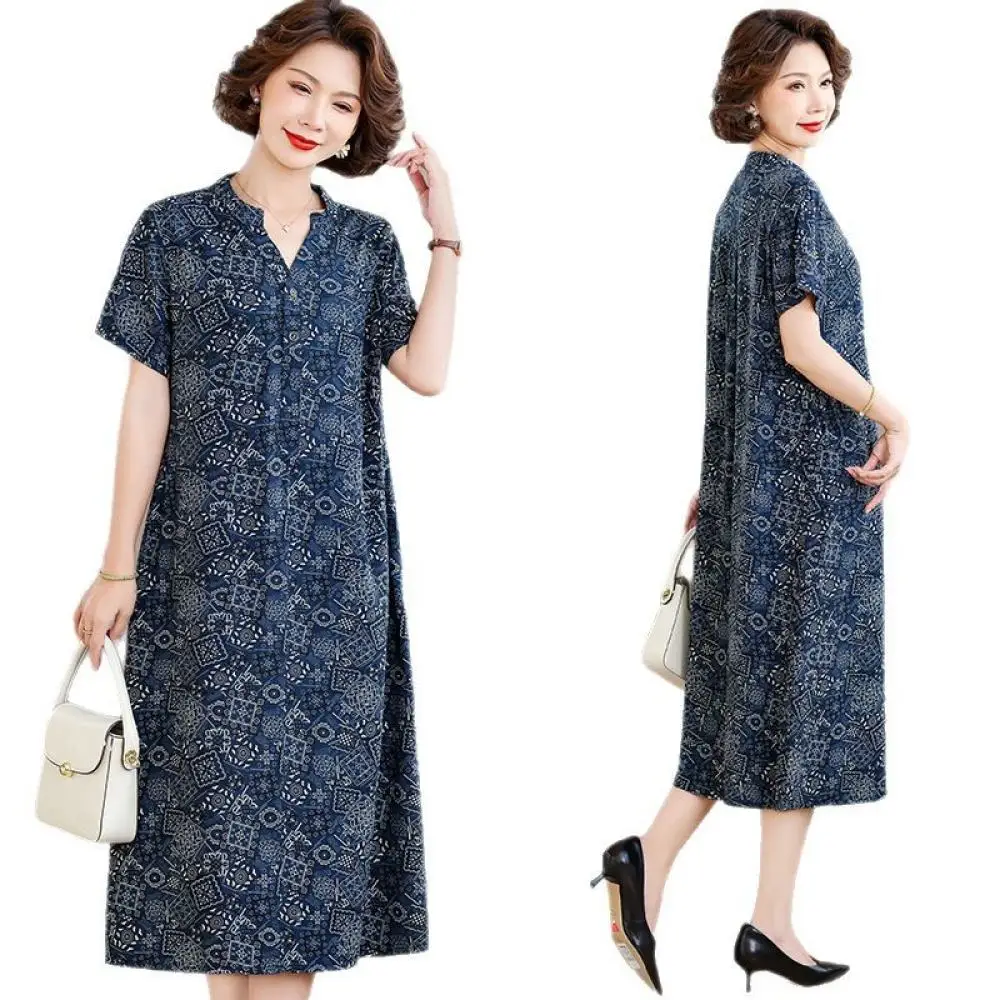Womens Summer Dress Loose V Neck Short Sleeve Big Size Dresses Plus Size Cotton Blend Elegant Casual Mid Length Outfits