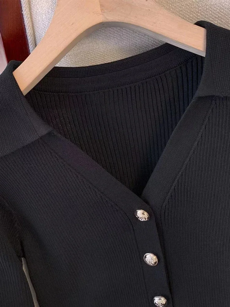 BWQ Autumn Winter French Fashion Old Money Long Sleeve Knit Dress Women 2000s V-Neck Frock Mini One-Piece Vintage Elegant