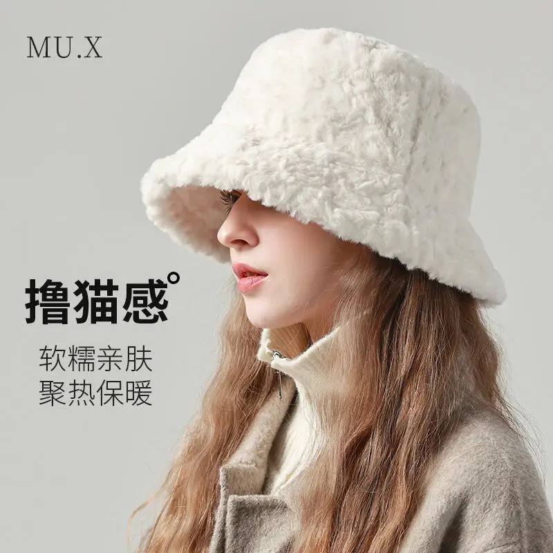 

New Woman Winter Plush Fisherman Hat Windproof Keep Warm Bucket Hat Cold Protection Fashion Big Head Circumference Hat Wholesale