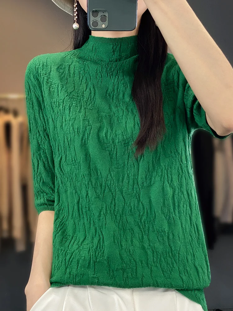 2023 Spring New Design Elegant, Simple, Lightweight Women's Half High Collar Short Sleeve European Fine Imitation Cashmere Sweat