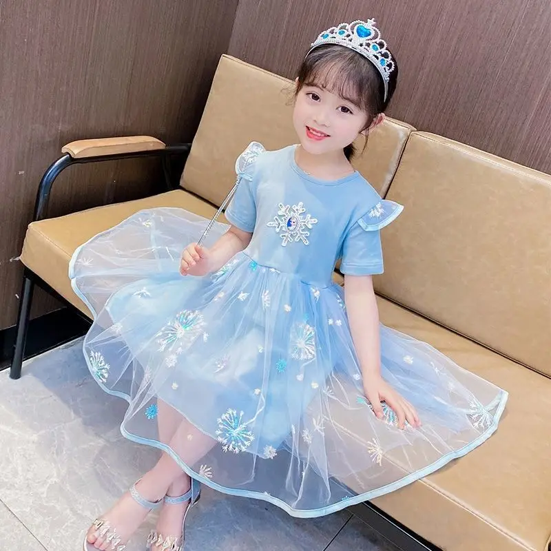 Girls Dress Disney Summer Short Sleeve for Children Gauze Kids Clothes Princess Dresses Frozen Elsa Anna Party Dresses Fashion