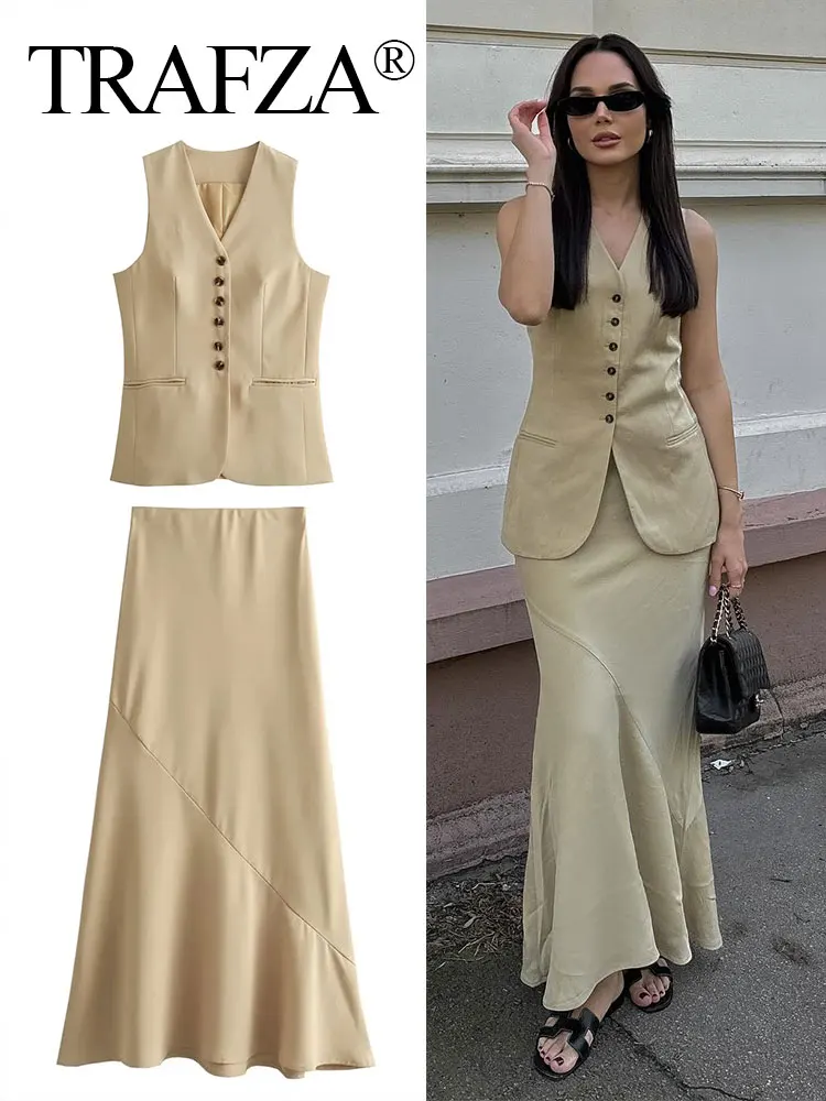 

TRAFZA Woman Set Khaki V-Neck Sleeveless Single Breasted Pockets Vest Top + High Waist Asymmetrical Wild Female Long Skirt