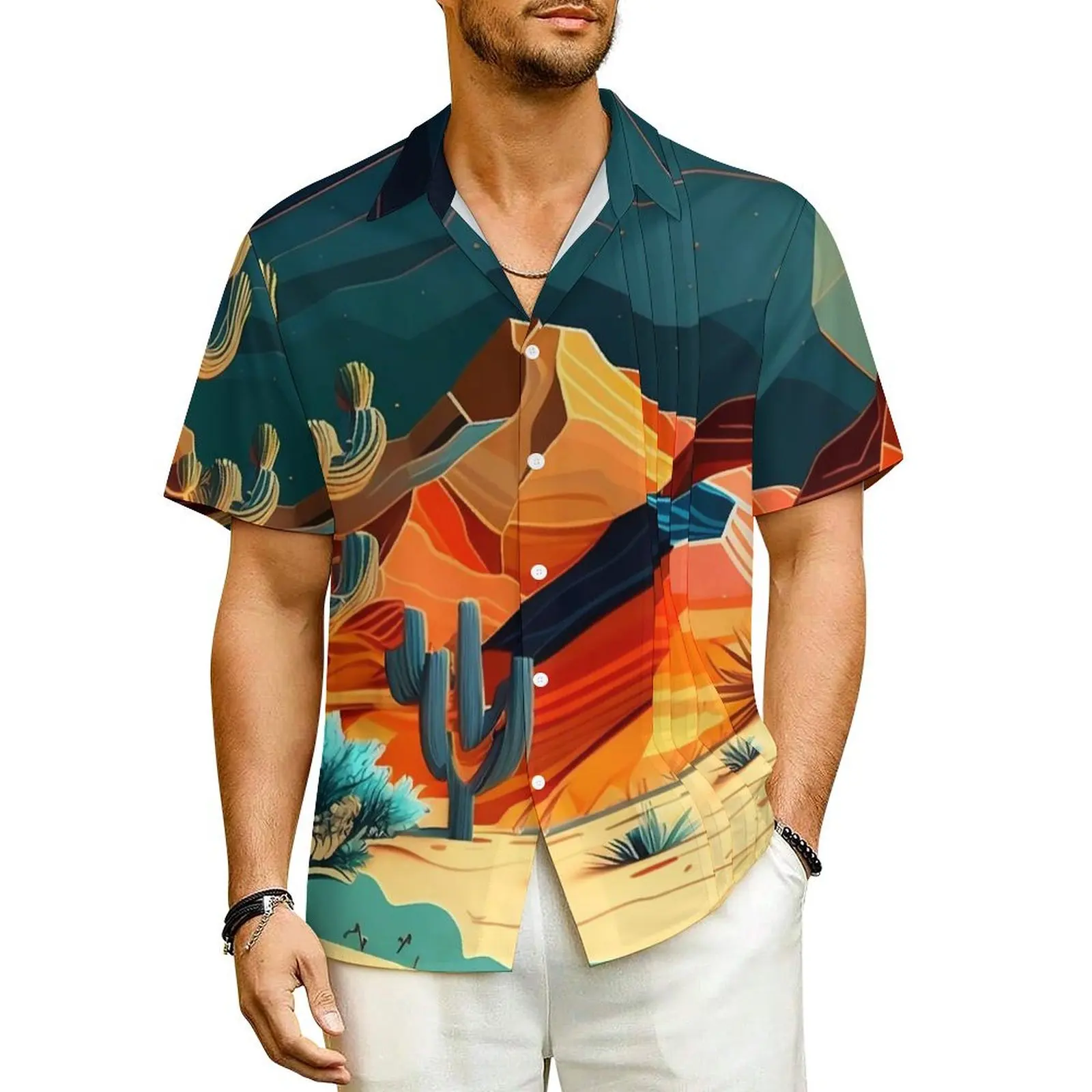 

Desert At Night Hawaiian Shirt For Men Beach Landscape Casual Shirts Short-Sleeved Comfortable Pattern Retro Oversized Blouses