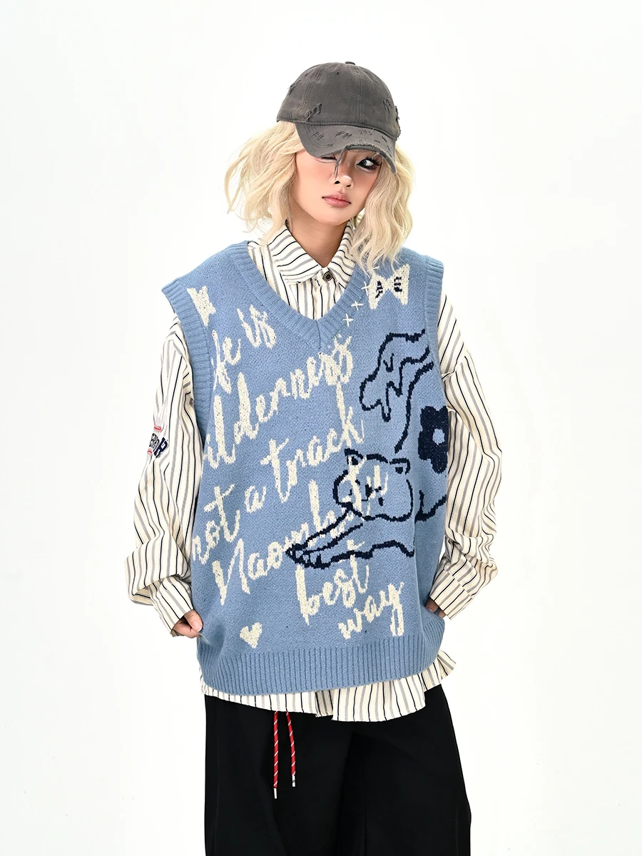 

Синий меховой вязаный свободный женский жилет, осень 2024, новинка, уличная одежда, теплая пара, одинаковый слив, модный