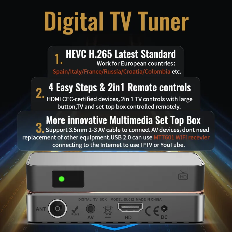 UBISHENG DVB T2 DVB-C Digital TV Decoder H265 Spain TDT HD Tuner FTA TV Receiver EPG Set Top Box Universal for European Countrie