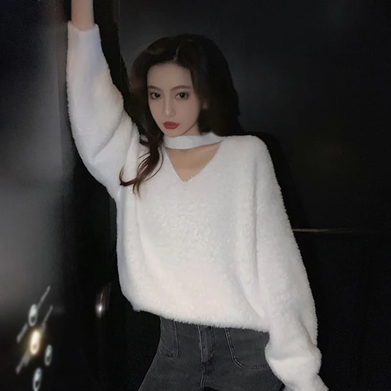 Korean Sweater Women\'s Pullover Worn Outside Autumn Winter Imitated Mink Fur Hanging Neck Solid Color