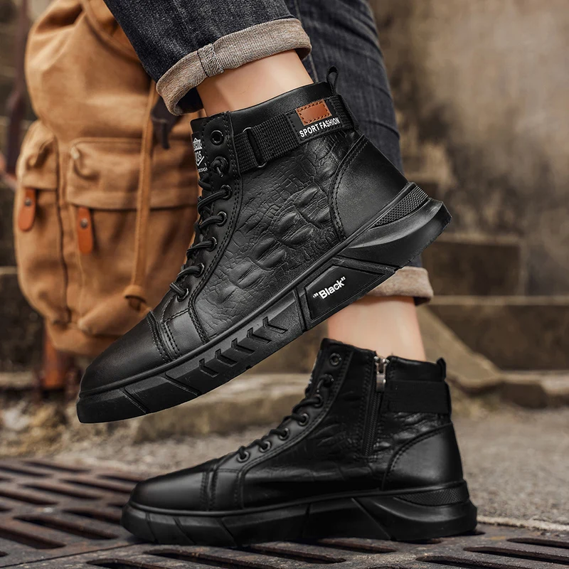 

Мужские высокие кожаные ботинки в британском стиле, дышащие, повседневные, черные, из натуральной кожи, для пустыни
