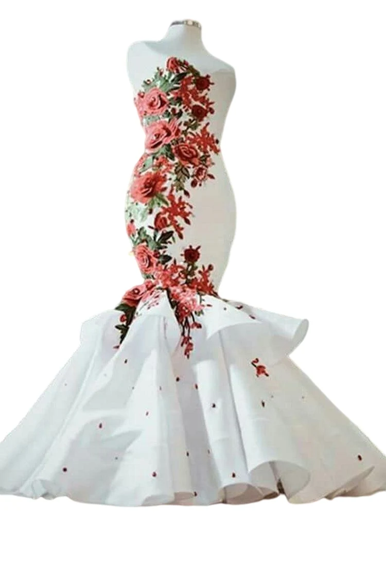 Red and White 3D Floral Flowers Mermaid Wedding Dress lace-up corset Sweetheart Satin Beading Ruched South Arabic bridal gowns