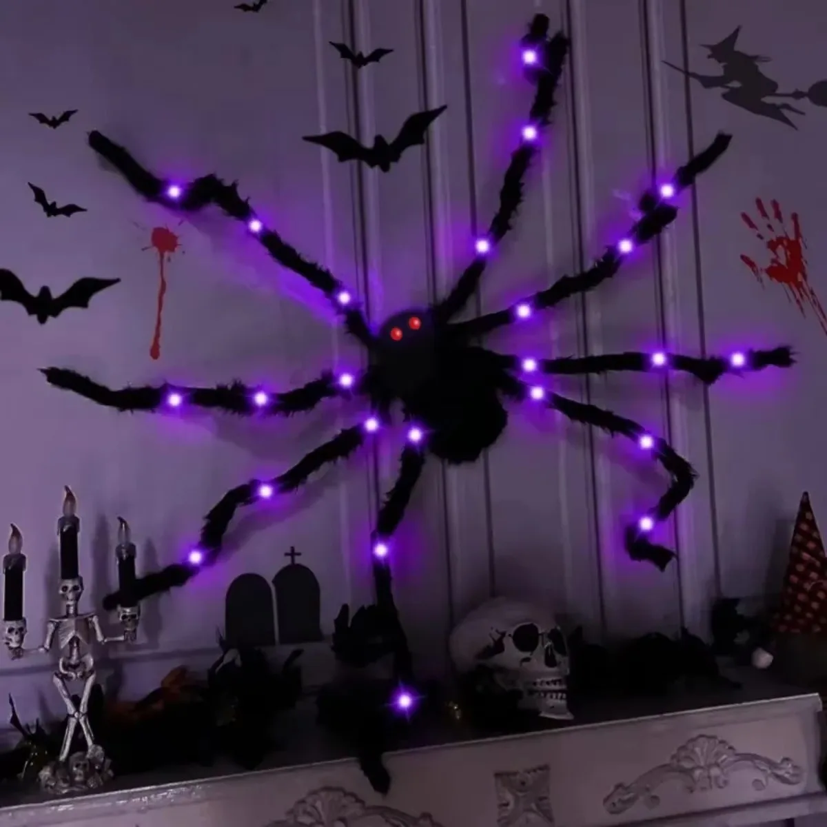 Purple LED Halloween Spider Decorations, 59 Inch Fuzzy Battery Operated, for Haunted House Bar Wall Yard Creepy Party Props