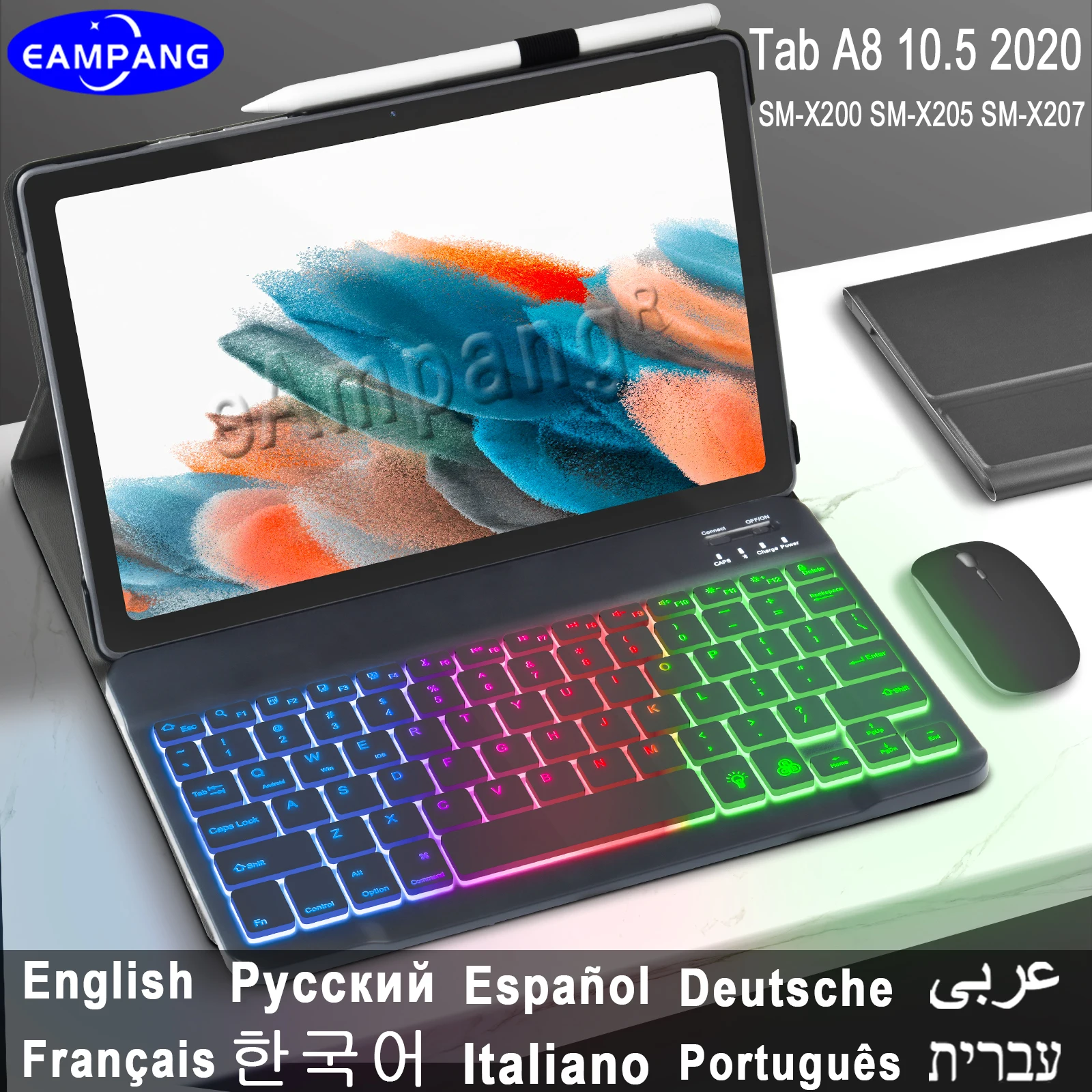 

For Samsung Galaxy Tab A8 10.5 2022 Keyboard Case with Rainbow Backlit Keyboard Mouse English Arabic Russian Spanish Korean