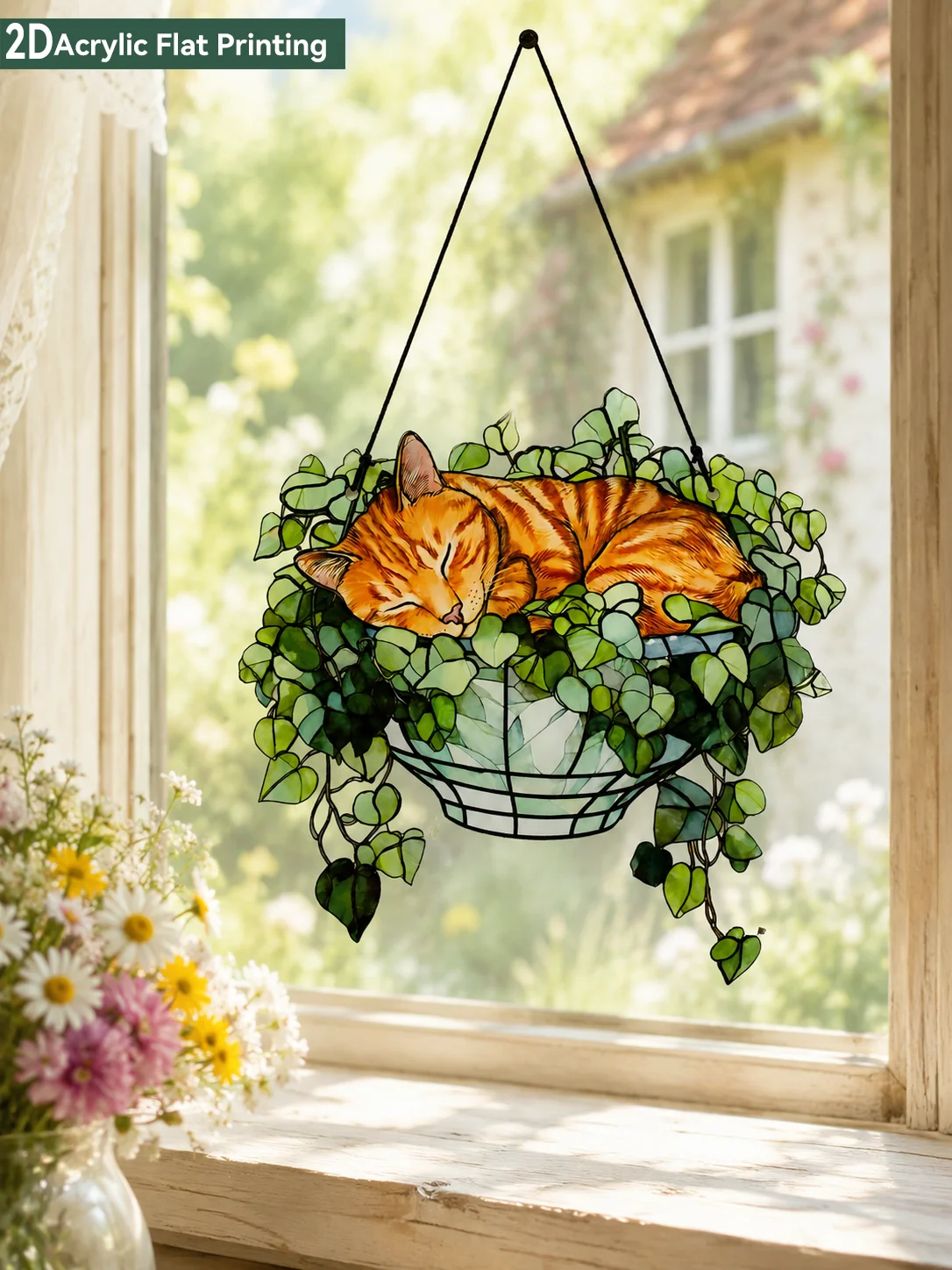 Sleeping Ginger Cat in Plant Basket Acrylic Window Hanging Suncatcher Cute Cat Wall Hanging Ornament Home Window Wall Decor Gift