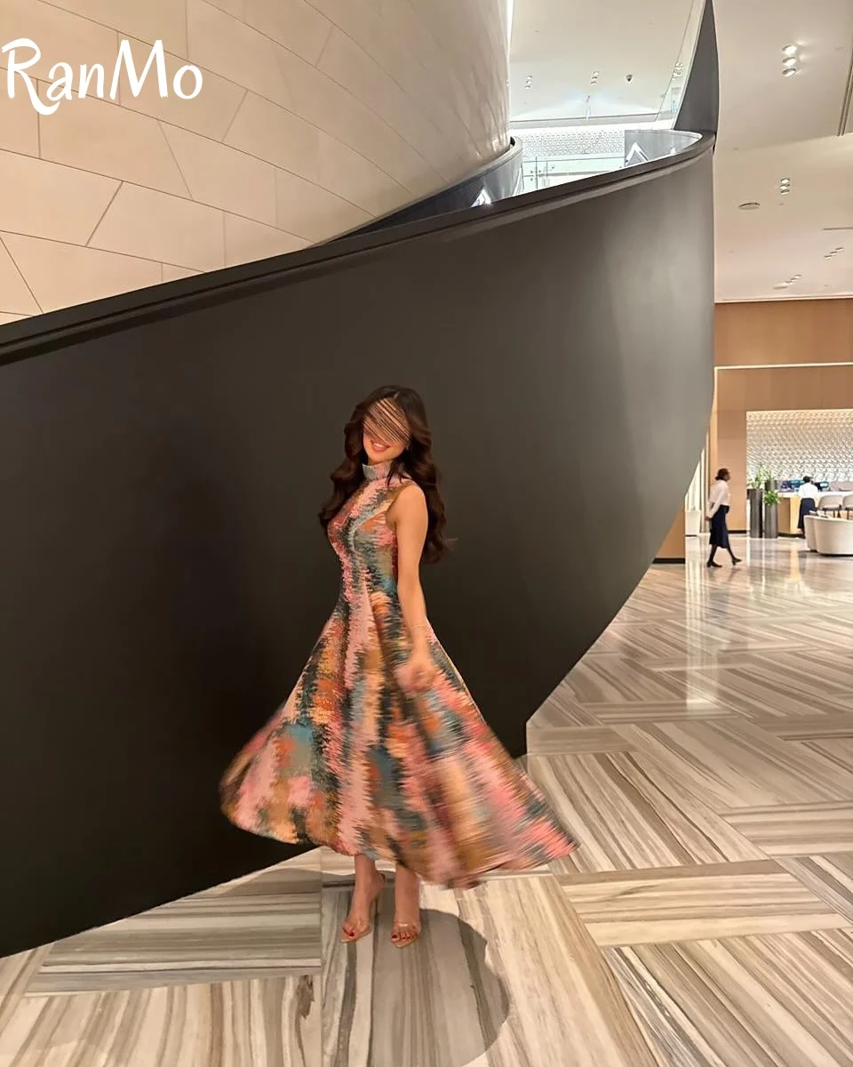 Ranmo 2025 Elegant Oil Painting Graffiti Colourful Evening Dresses High Collar Pleat Ankle Length Customsied Party Dresses
