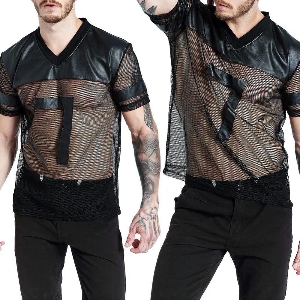 Sexy Men's Faux Leather T-shirt V-Neck Men Summer Short Sleeve Faux Leather Mesh See-through T-shirt Night Club Party Top