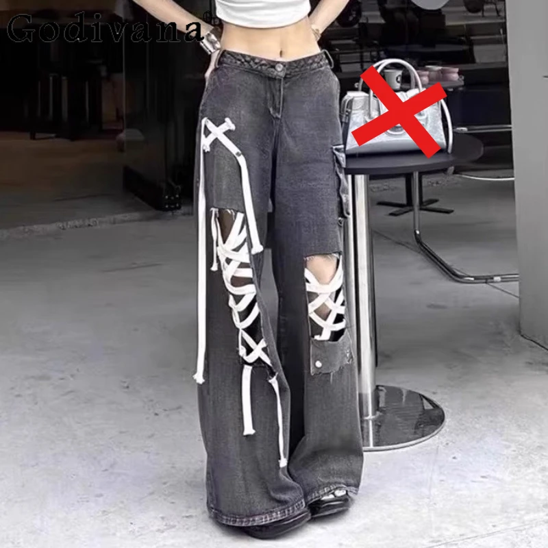 

Large Size Personalized Black Subculture Lace-up Ripped Jeans Girl Y2k Summer Retro American High Waist Versatile Wide-leg Pants