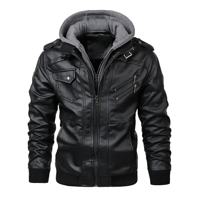 

European Size Men's PU Leather Jacket Vintage Design Multi-zipper Pocket Windproof Wear-resistant Hooded Coat New Men Clothing