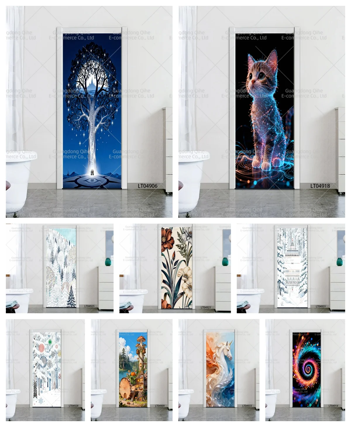 

Self-Adhesive PVC Door Decals - Unique Scenery, Bright Floral & Cartoon Animal Pattern for Home Decor