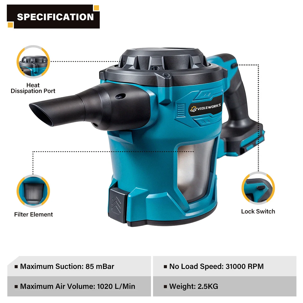 VIOLEWORKS Electric Blower Air Blower High Power Cordless Leaf Blower Cleaner Sweeper Power Tools For Makita 18V Battey