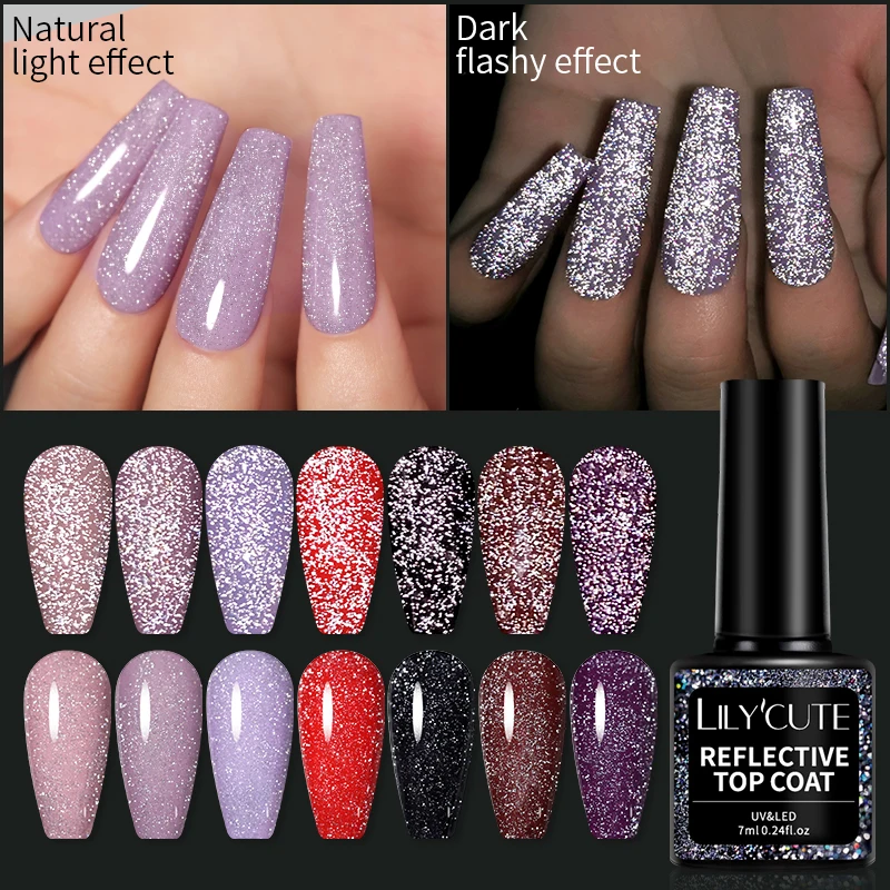LILY'CUTE 7ml Reflective Glitter Top Coat Gel Nail Polish SparkingFlash Nail Art Design Soak Off UV LED Salon Varnish Manicure
