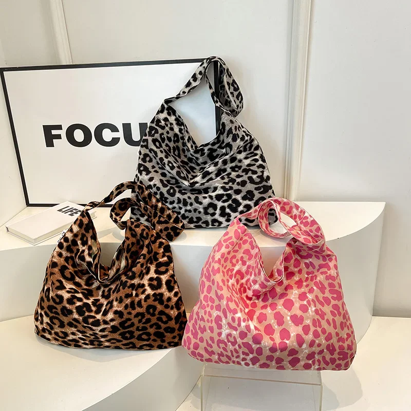 LEFTSIDE Cloth Leopard Shopper Shopping Underarm Bags Lady Large Shoulder Bag for Women 2024 Winter New Trend Y2K Handbags