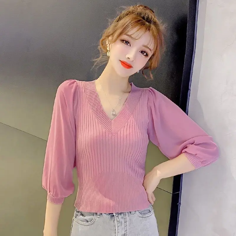 Fashion V-Neck Spliced Gauze Puff Sleeve Tee Shirt Women\'s Clothing 2024 Spring Summer New Slim Casual Tops Korean T-Shirt