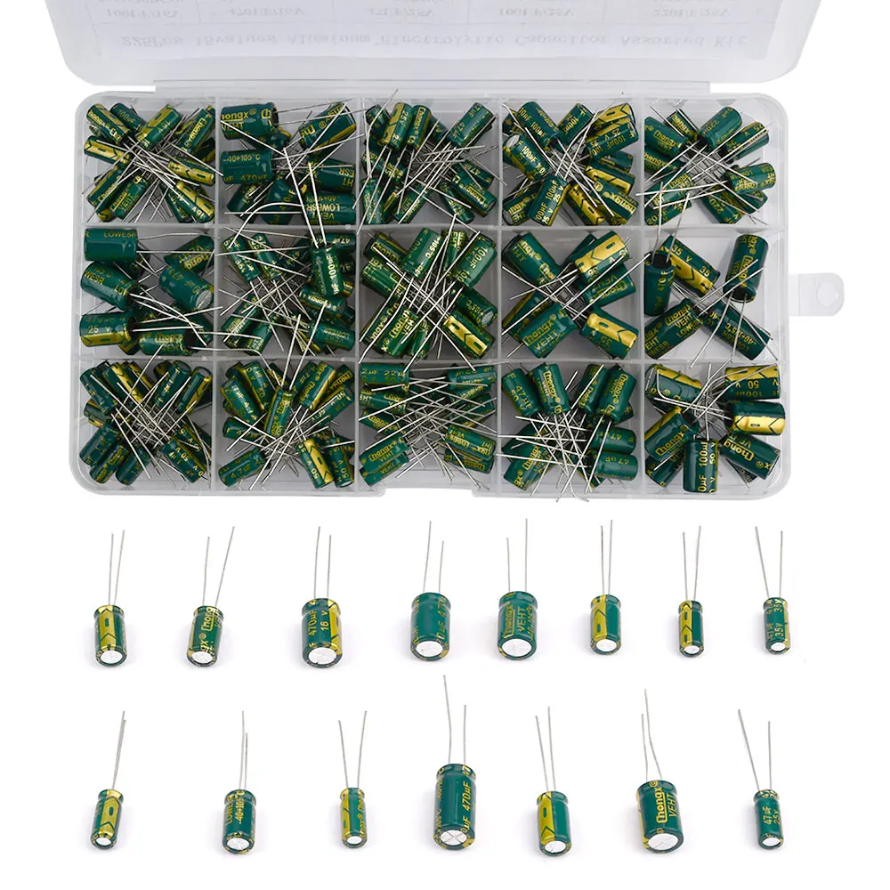 460Pcs/Box 225Pcs/Box Capacitor Kit Aluminum Electrolytic Capacitors Set 15Values 16V-50V 1uF-470uF Assorted Kit Storage Low ESR