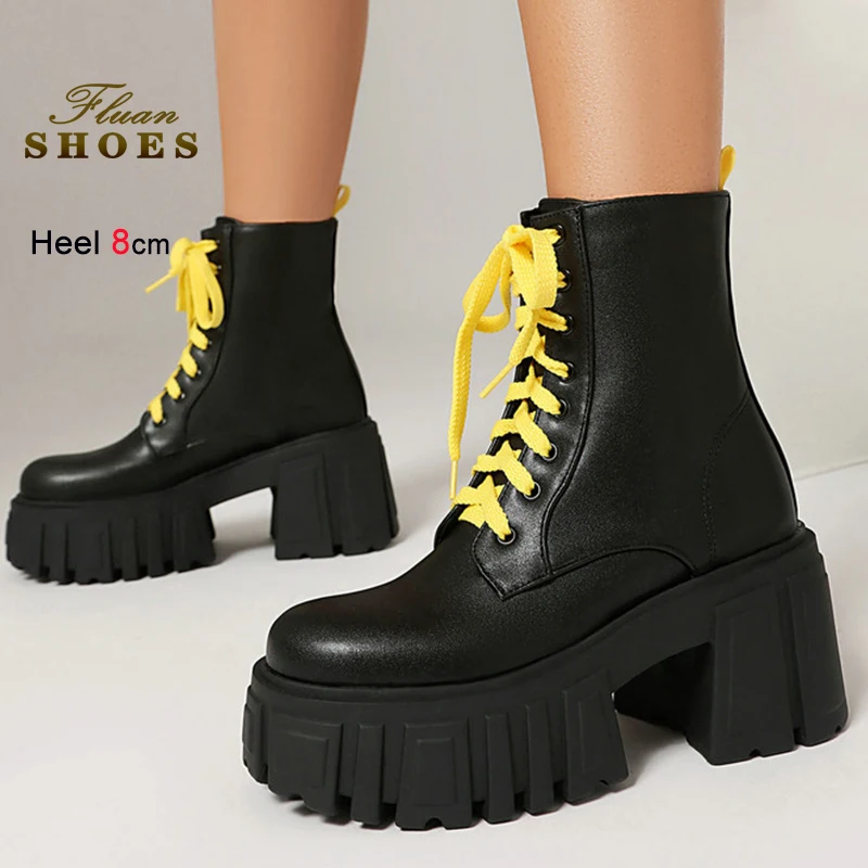 

2025 Осенне-зимние черные женские ботильоны на толстой подошве, платформе 8 см, 4,5 см, желтые короткие ботинки на шнуровке с круглым носком, размер 43