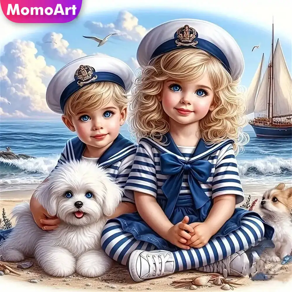Momoart Girl Diamond Embroidery Boy Portrait DIY Full Square Round Diamond Painting Dog Animal Mosaic Cartoon Handmade Hobby