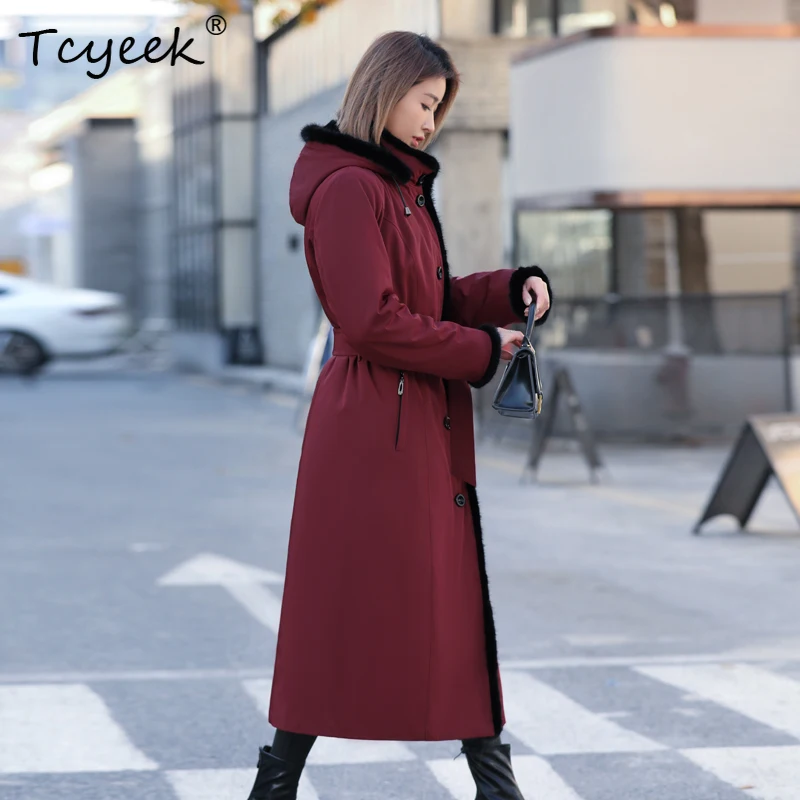 Tcyeek 탈부착 가능한 오터 토끼털 안감 가을 겨울 고급 후드 롱 여성 파카 겨울용 여성 코트
