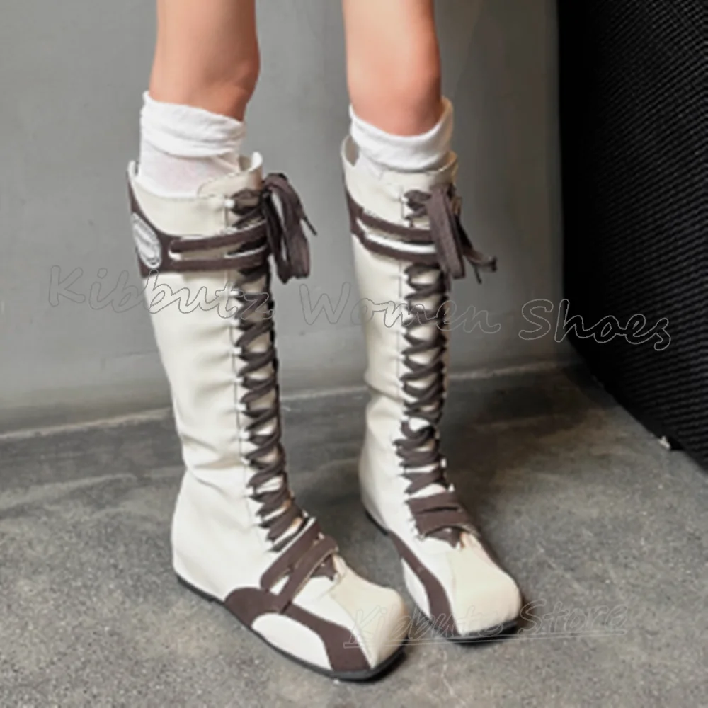 Patchwork Knee High Boots Suede Sneaker Lace-Up Leather Novelty Fashion Luxury Elegant Concise Sexy Square Toe Flat with Shoes