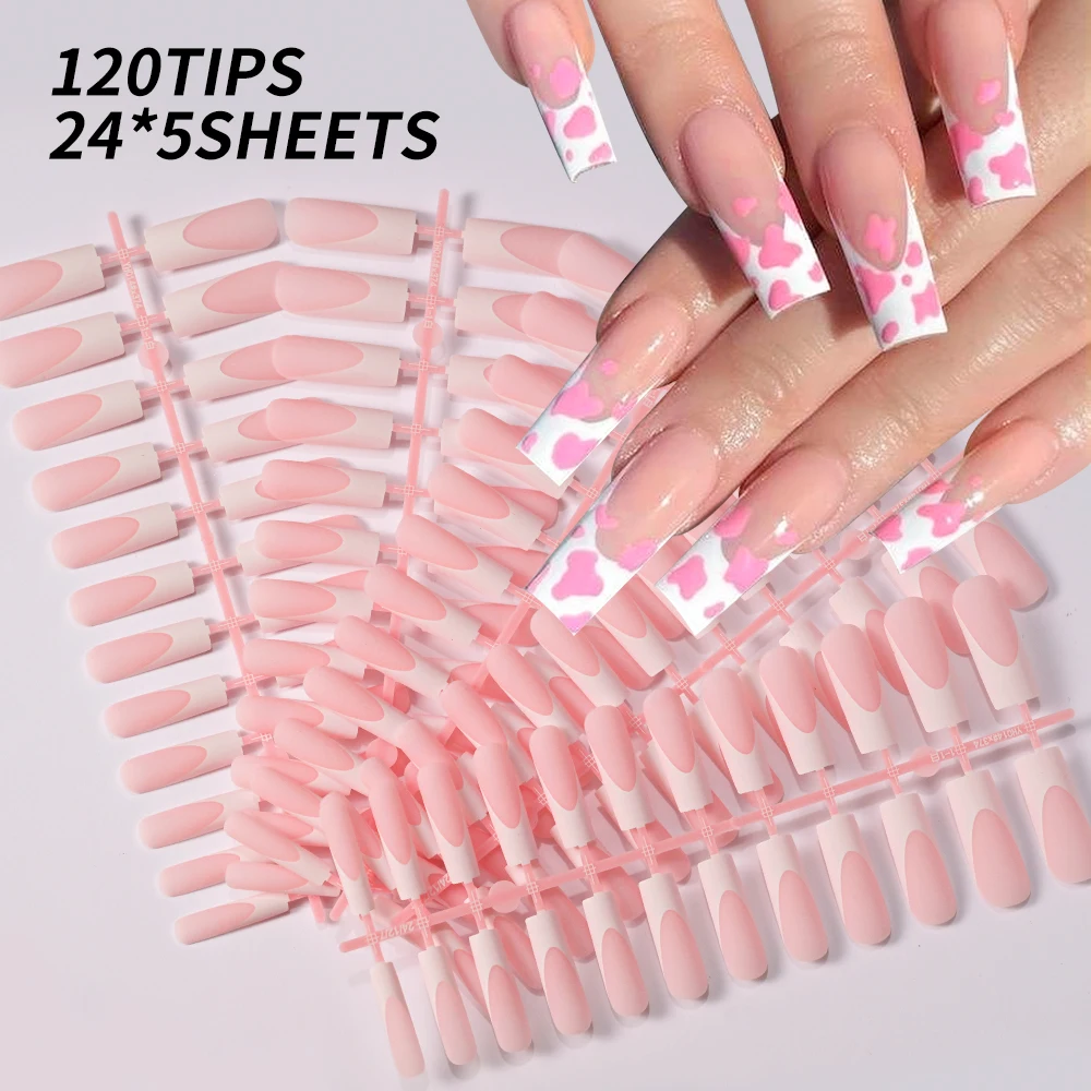 120 Stück Rosa French-Tip Press-On-Nägel, vollflächig, lange Sargform, matte künstliche Nägel in 12 Größen, tragbare künstliche Fingertips