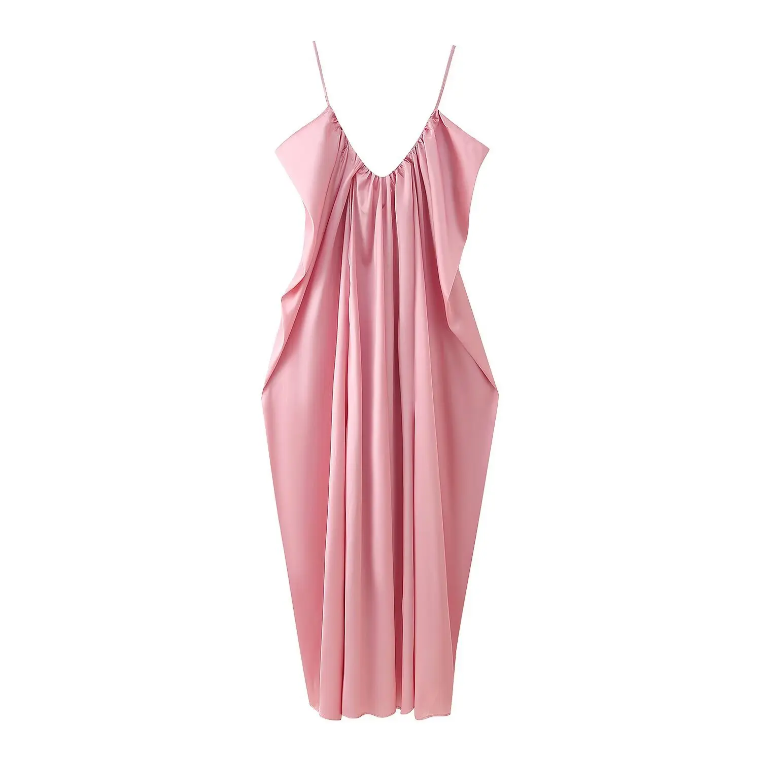 Chic V-neck Sling Backless Sleeveless Robes Elegant Women Solid Color Satin Pleated Long Dress New Fashion Party Club Dresses