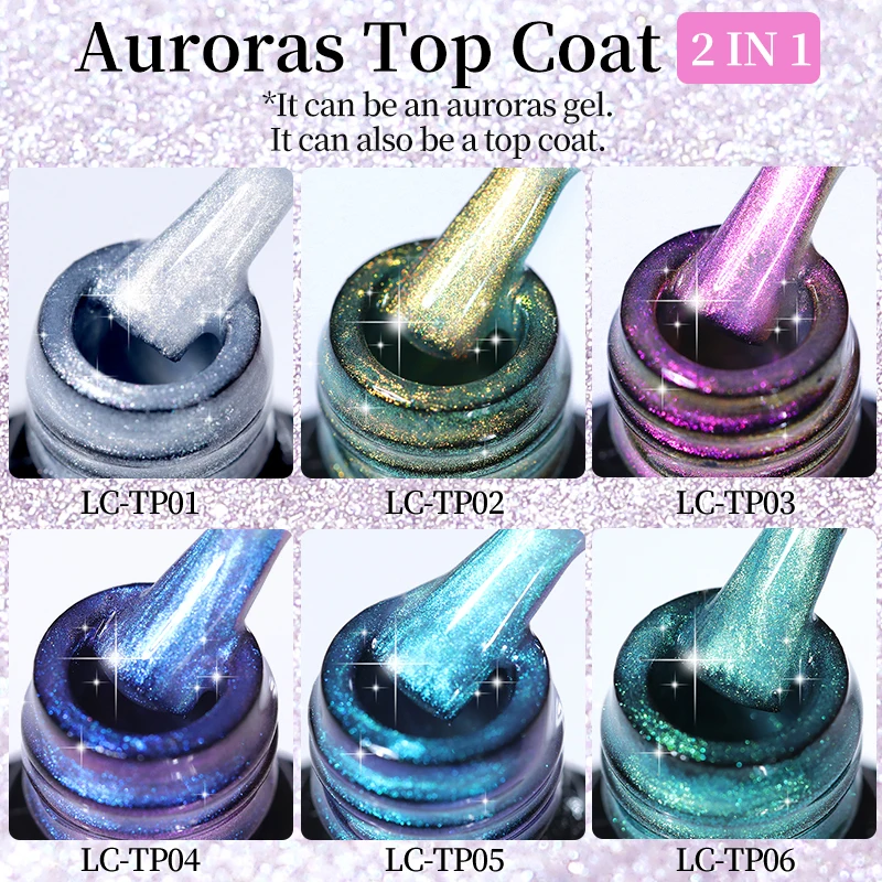 LILYCUTE 6 botellas/juego Aurora Glitter Top Coat Gel Esmalte de uñas 2 en 1 brillante efecto precioso para diseño de manicura
