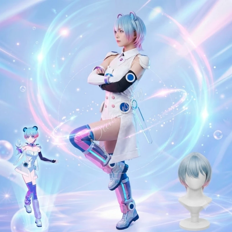 Minetsuki Ritsu White Cyber Sci‑Fi Cosplay Costume Round Blue Pink Ornament Details BanG Dream Stage Jumpsuit Wigs Halloween