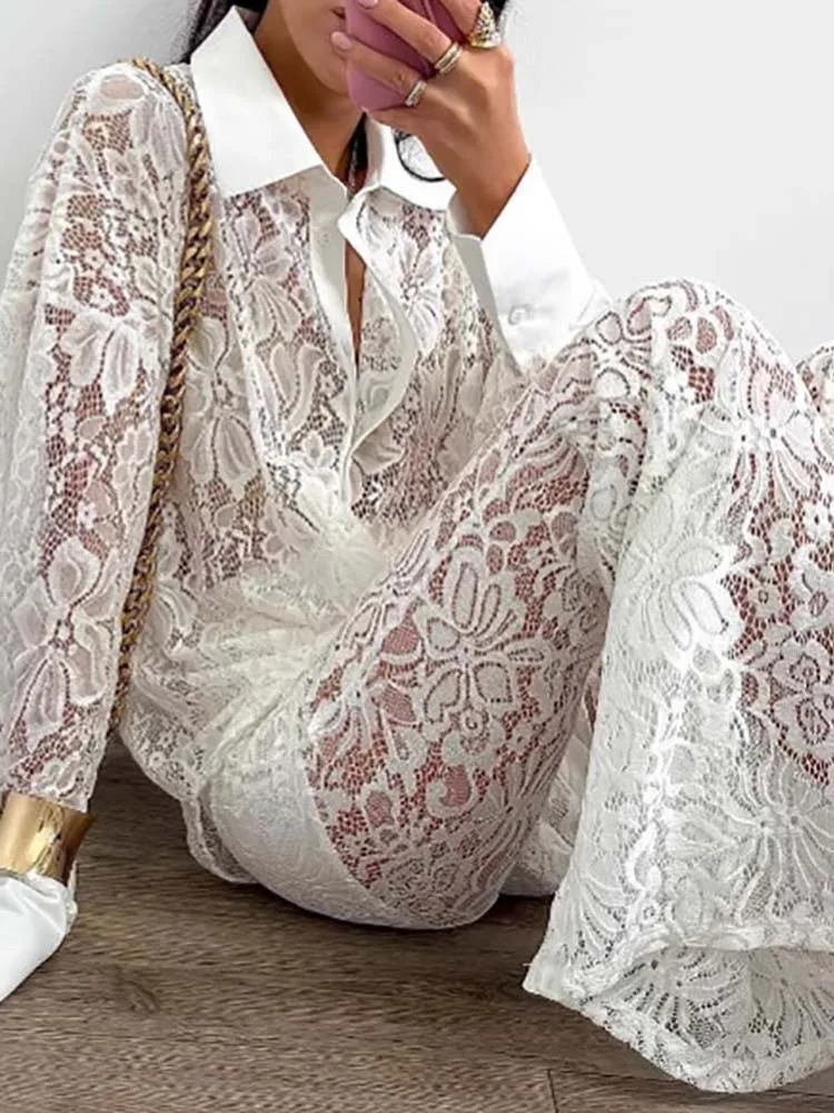 

Women Clothing Lace Embroidery Loose 2 Piece Set Autumn Sexy Hollow Holiday Party Suit Casual Long Sleeved Shirt + Pants Outfit