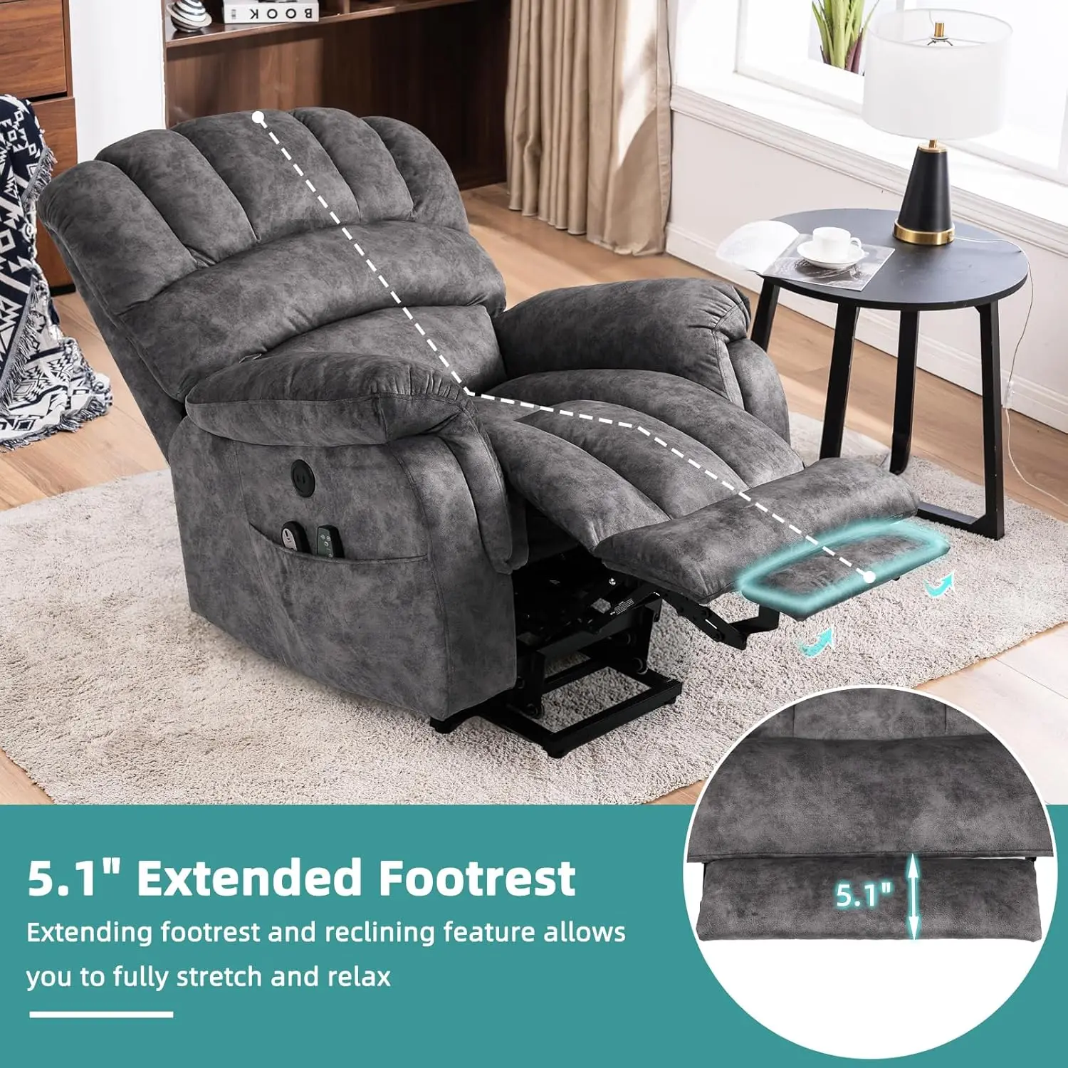 Silla reclinable eléctrica de gran potencia con reposapiés extendido para ancianos, silla de elevación grande y alta