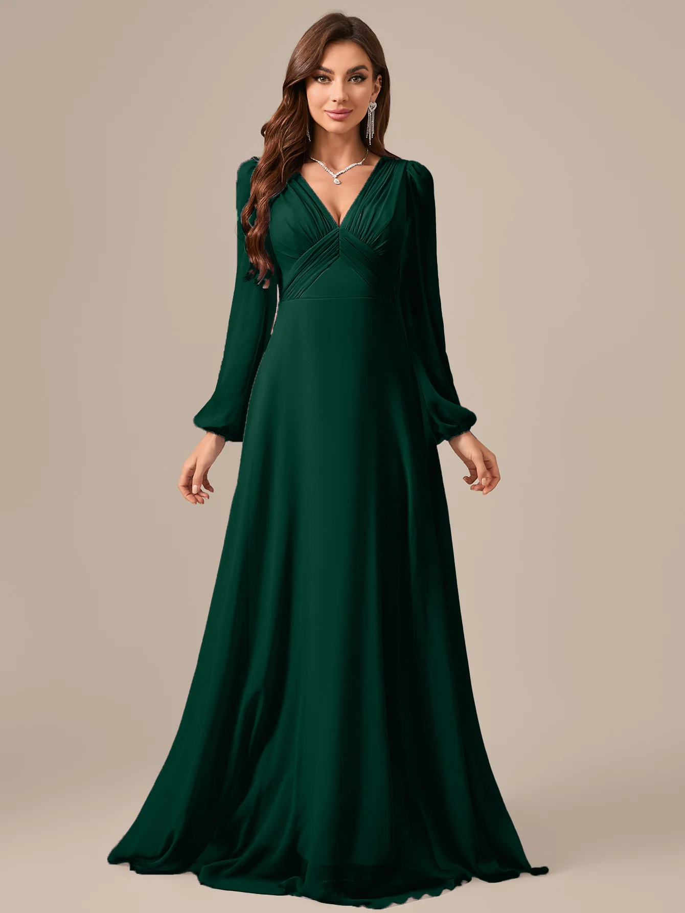 Vestido Formal de Gasa Lila con Cuello en V y Manga Larga con Fruncido Delantero UNITHORSE, Vestido de Dama de Honor