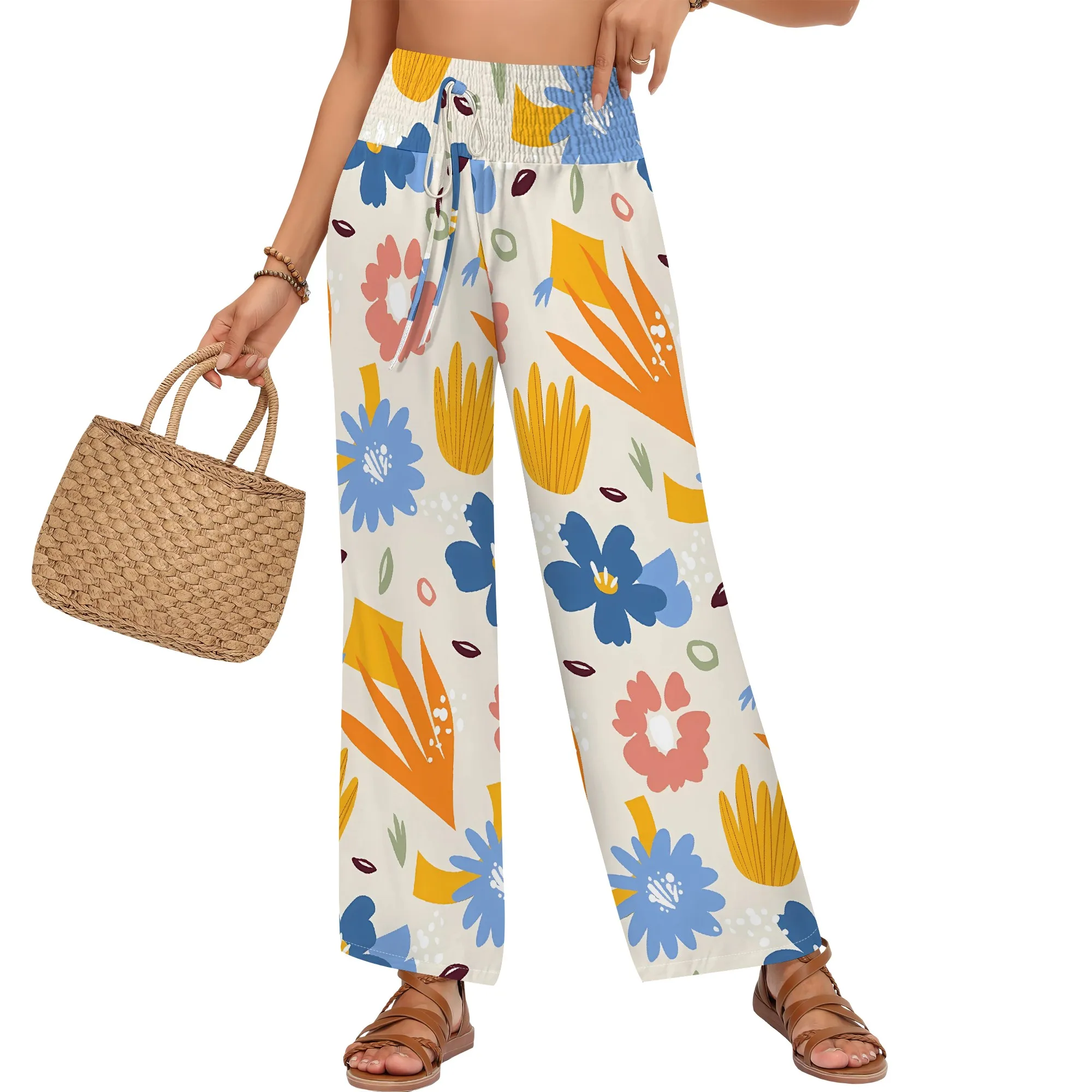 

2025 Spring/Summer Women's New Casual Slimming Flower Fashion Wide Leg Nine Leg Pants Long Pants