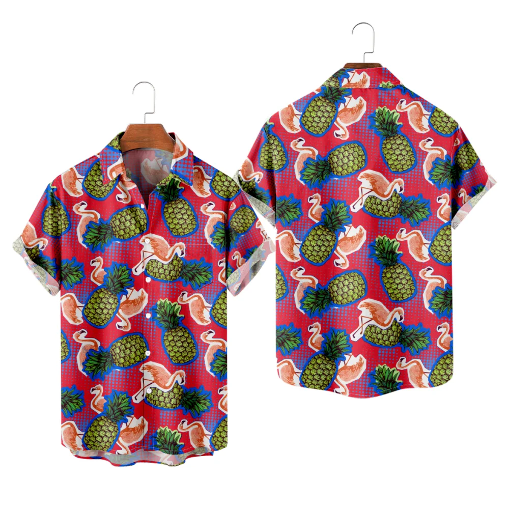 

Мужская рубашка Aloha с ананасами и фламинго в стиле пэчворк, креативные летние каникулы, пляжные розовые топы для мужчин и женщин