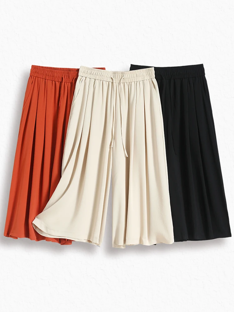 

Широкие брюки из ледяного шелка для женщин, летние, тонкие, с высокой талией, свободные, струящиеся, повседневные, утягивающие, брюки-юбка длиной 7/8