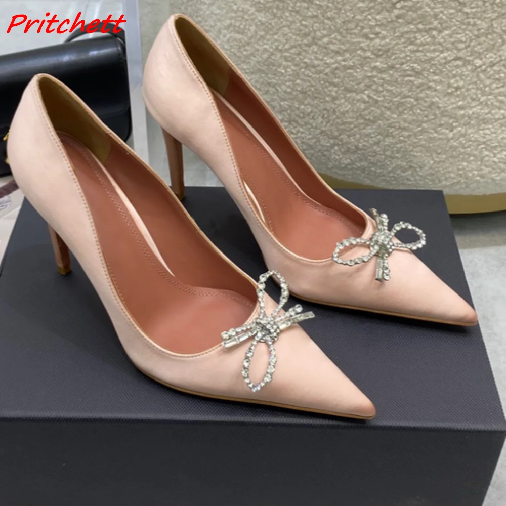 

Shallow Silk Women Pumps Rhinestone Shiny Pointed Toe Slip On Stiletto Heels Butterfly Knot 2024 Spring Autumn Fashion Shoes