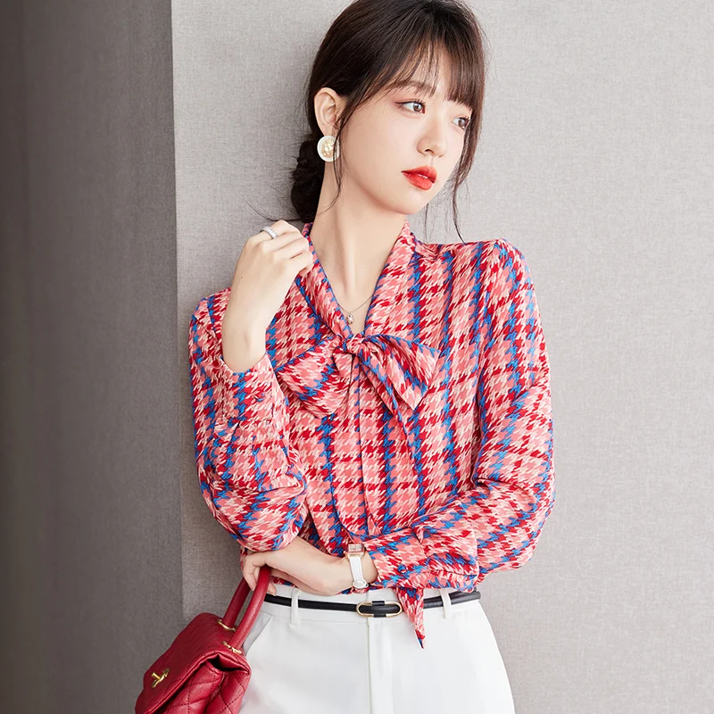 

Bow Tie Long Sleeve Plaid Shirt Women Tops Spring Autumn Elegant Fashion Loose Casual Korean Style Blouses Office Lady D2517