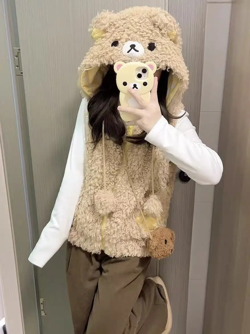 الكرتون Rilakkumas الدب سترة معطف Korilakkuma الدب مقنعين صدرية الفتيات النساء شتاء دافئ أفخم رقيق أكمام ملابس خارجية #5