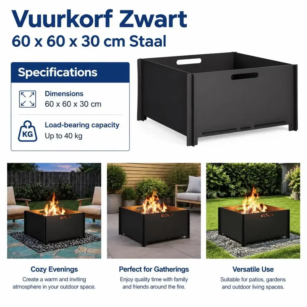 Brasero de acero para exteriores de 60 x 60 x 30 cm / estufa de leña. Gracias a su robusta estructura metálica y su diseño de ventilación eficiente, es ideal para reuniones en patios, terrazas y jardines.