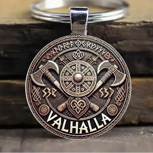 Llavero con escudo vikingo de nuevo producto transfronterizo: diseño de doble hacha y runas nórdicas y inscripciones Valhalla