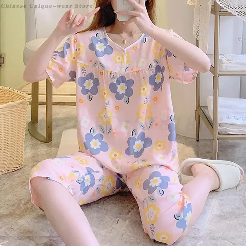 

Summer Women Pajamas 2-Piece Set Cotton Short-Sleeved Flower Print Pijama Mujer Homewear Lady Loungewear Loose Casual Sleepwear