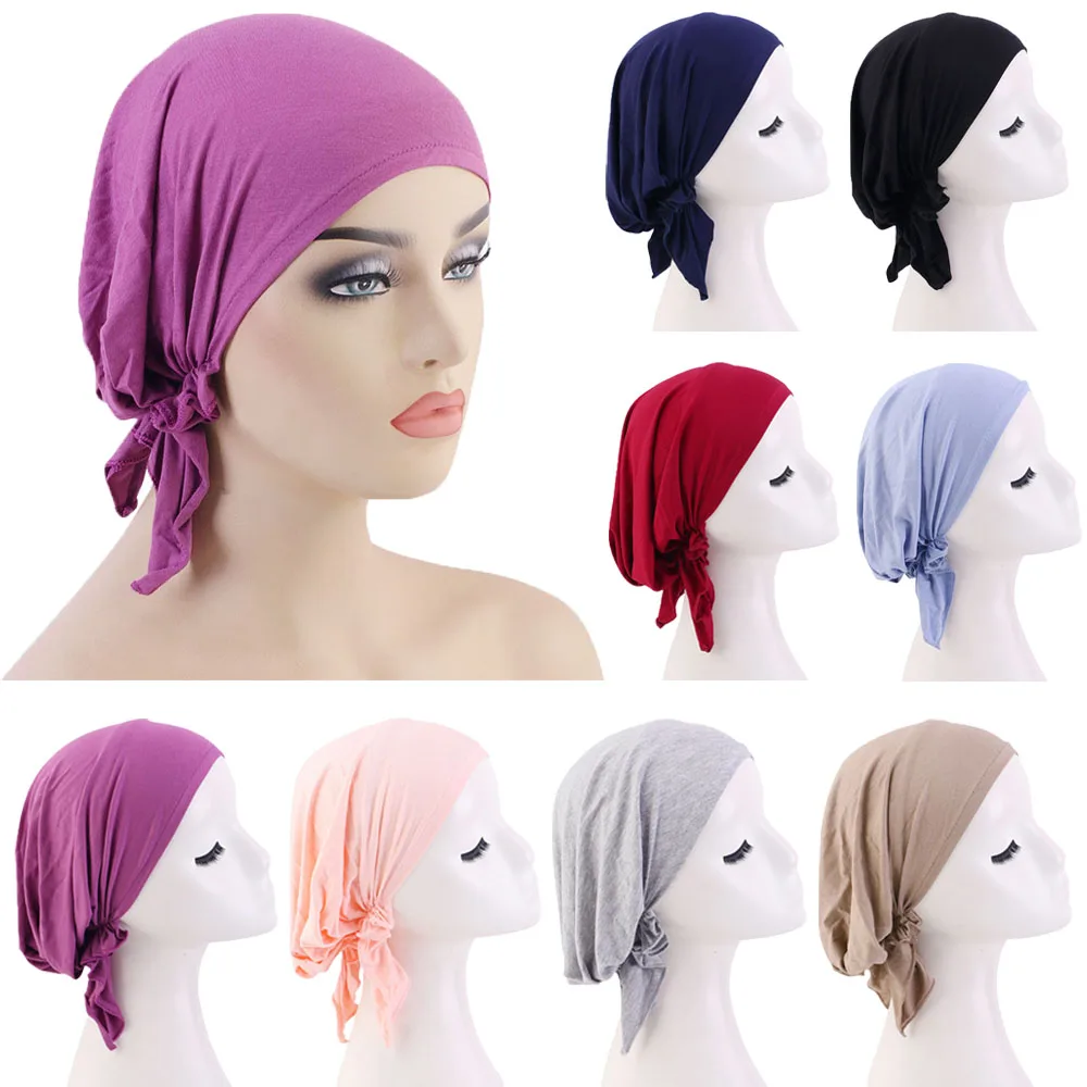 

2022 Fashion Woman Turban Hat Soft Elastic Modal Solid Color Inner Cap Lady Muslim Headdress Wrap Head Scarf Hijab Cap Turbante