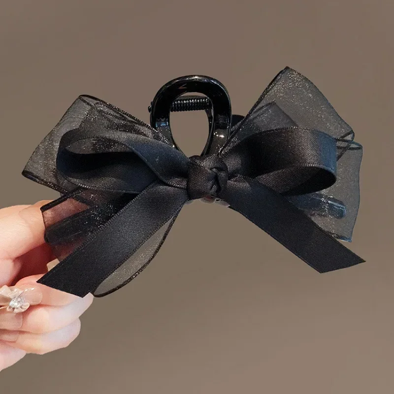 1pc Black Mesh Bow, Grab Clip, Multiple Hair Clips, High-end Headpiece, Elegant Shark Clip view 2